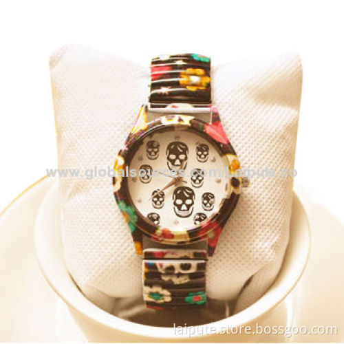 Geneva Floral Printed Round Stretch Band Watch with Japan MovementNew